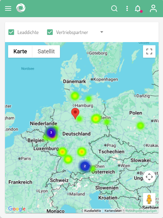 Map view in leadtributor showing a lead-density heatmap overlaid with partner cluster markers; a red pin marks an individual channel partner.